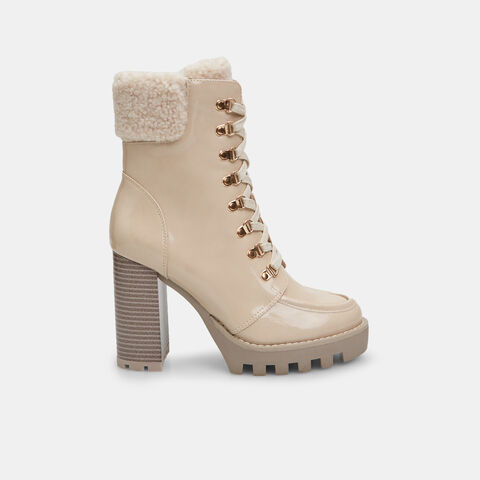 Botín de mujer con tacón alto con inserción teddy de cordones, Beige Botín de mujer con tacón alto con inserción teddy de cordones, Beige